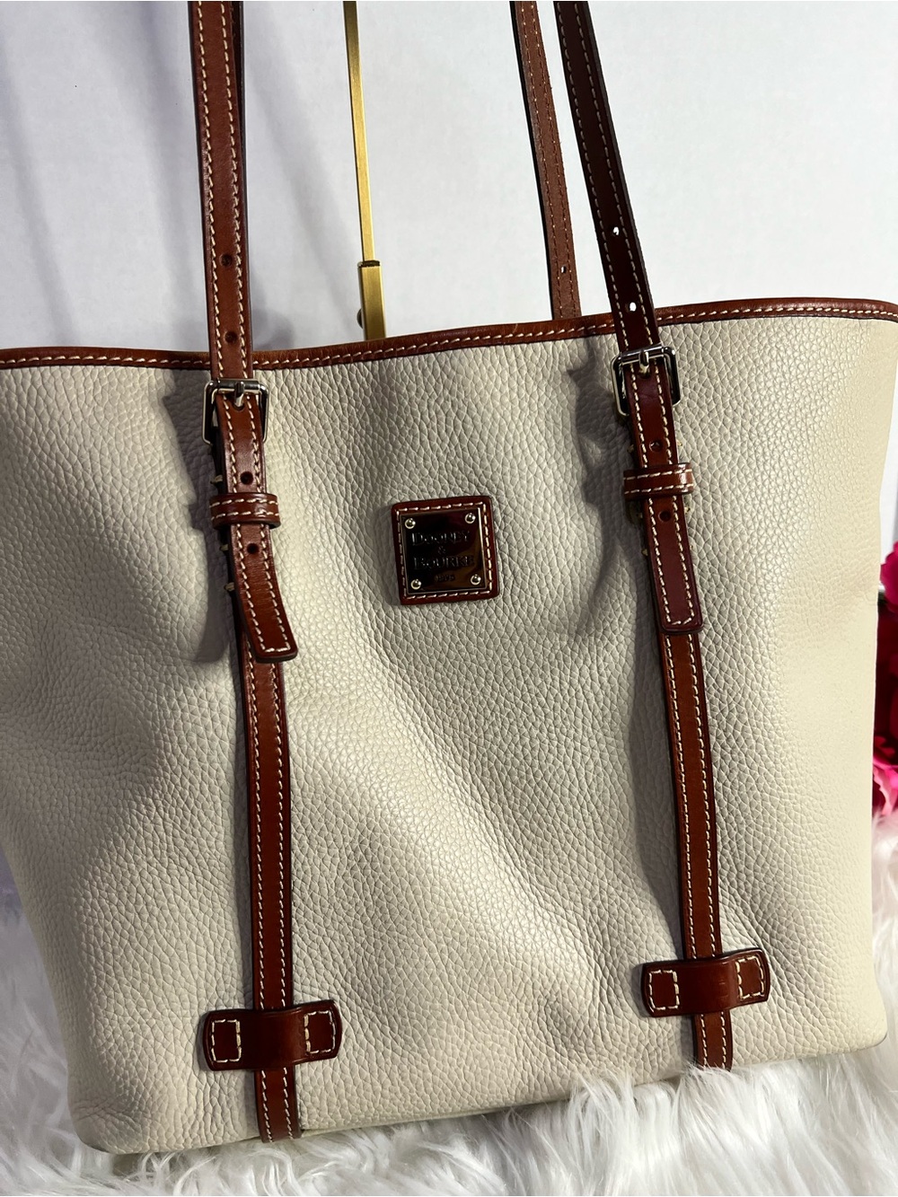 Dooney & Bourke Cream East/West Tote with Brown Trim - Picture 2 of 8